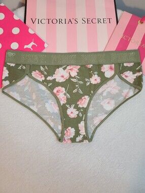 Retired VS PINK Logo Band Cotton Floral Low Rise Hipster Panty Size Lg